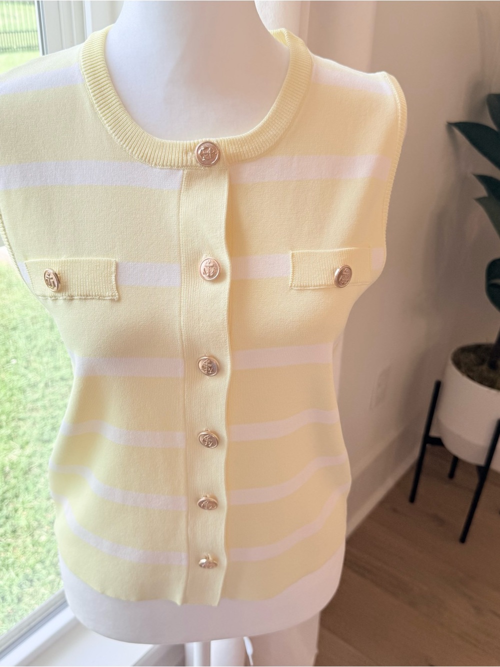 Studio Strut & Bolt Lemon Yellow & White Striped Knit Sweater Vest Cardigan